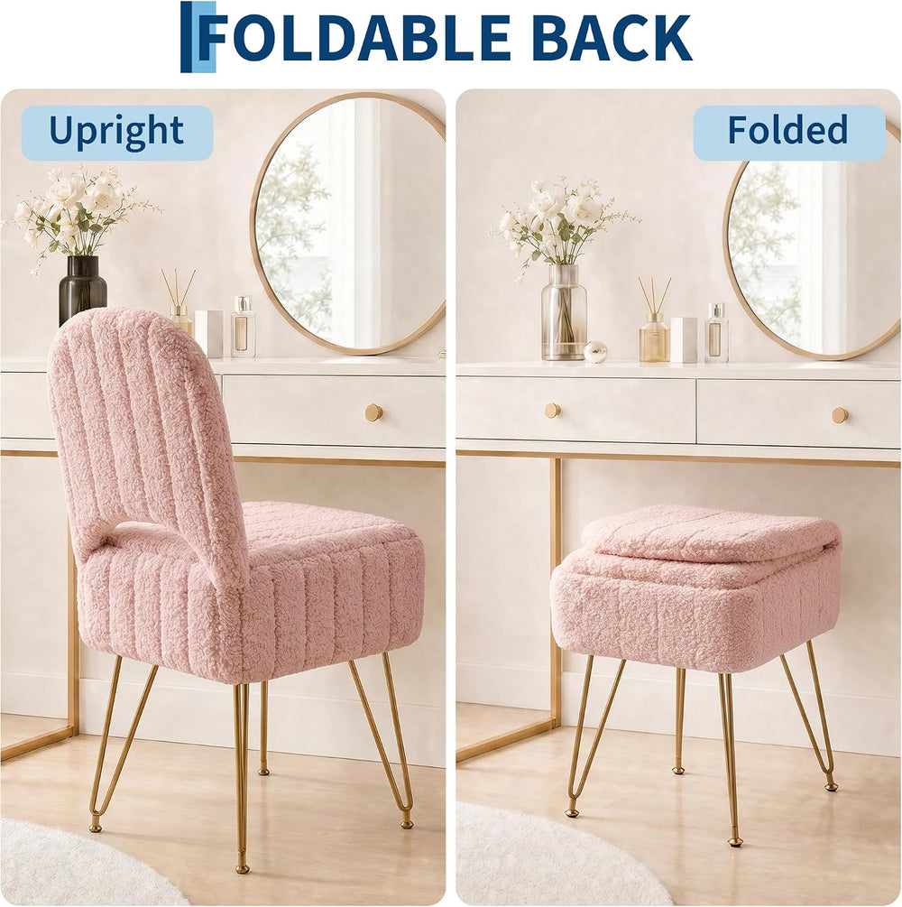 Garvee Vanity Stool Chair with Backrest & Storage,Boucle Fabric,Pink,Large