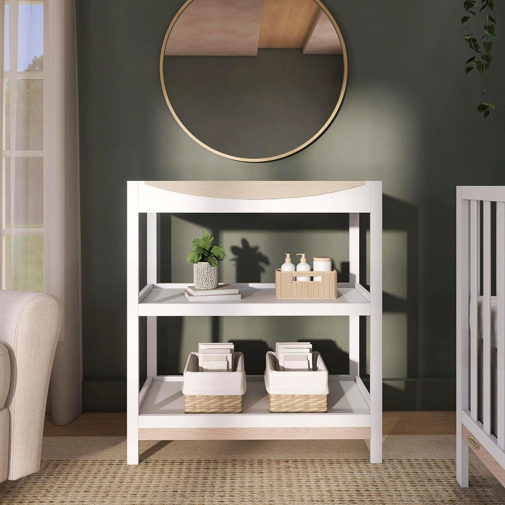 Dream On Me Emerson Changing Table with Shelves, White & Vintage White Oak