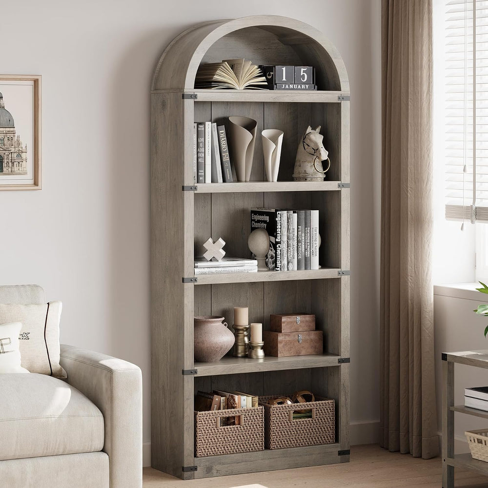 GarveeHome Bookcase 5 Shelf Arched Bookshelf 71.65 in Tall Bookcase Farmhouse...