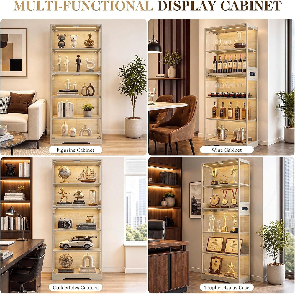 65" Display Cabinet with Glass Doors & LED Lights, Light Wood