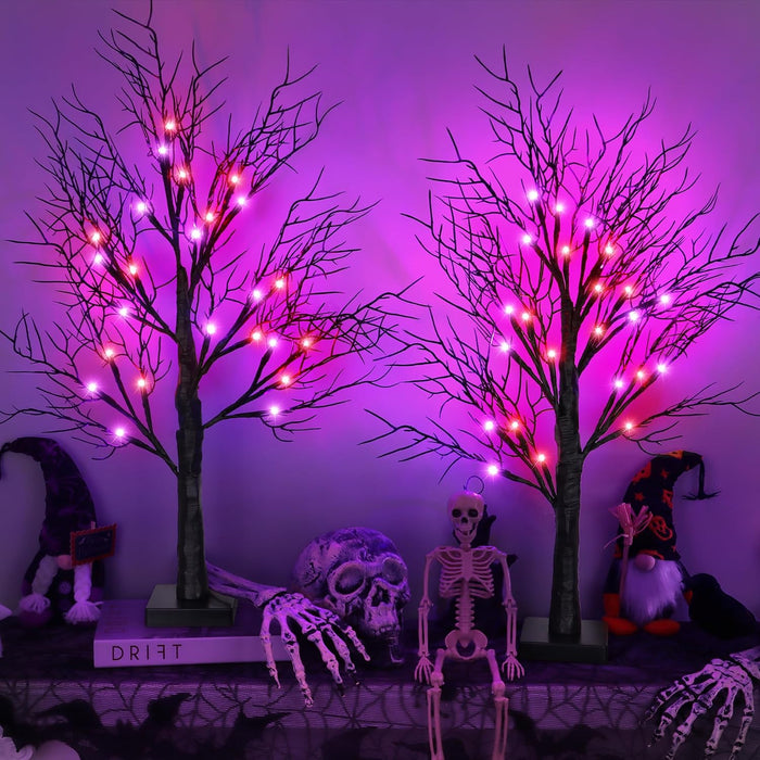 Halloween Decorations Indoor 2 Pack 24 Inch Black Halloween Tree with 48 Orange Purple Led Lights, Timer/USB/Battery Operated Lighted Tabletop Spooky Tree for Table Home Office Party Decor