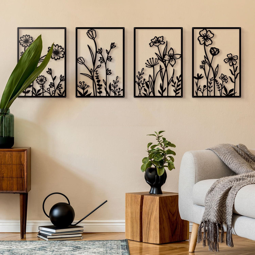 Black Metal Botanical Wall Art, Boho Farmhouse Flower Bathroom Wall Decor
