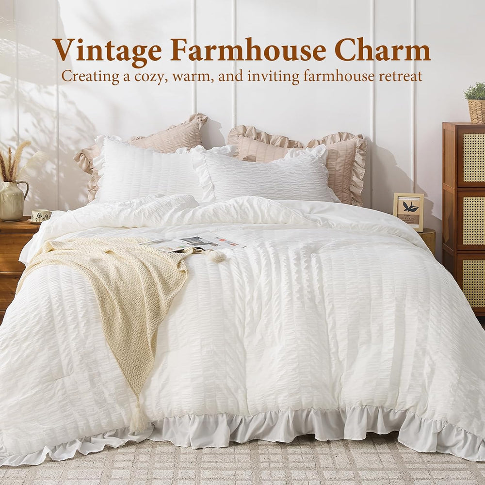 JOLLYVOGUE White Comforter Full Size, 3 Pieces Seersucker Lightweight Full Si...