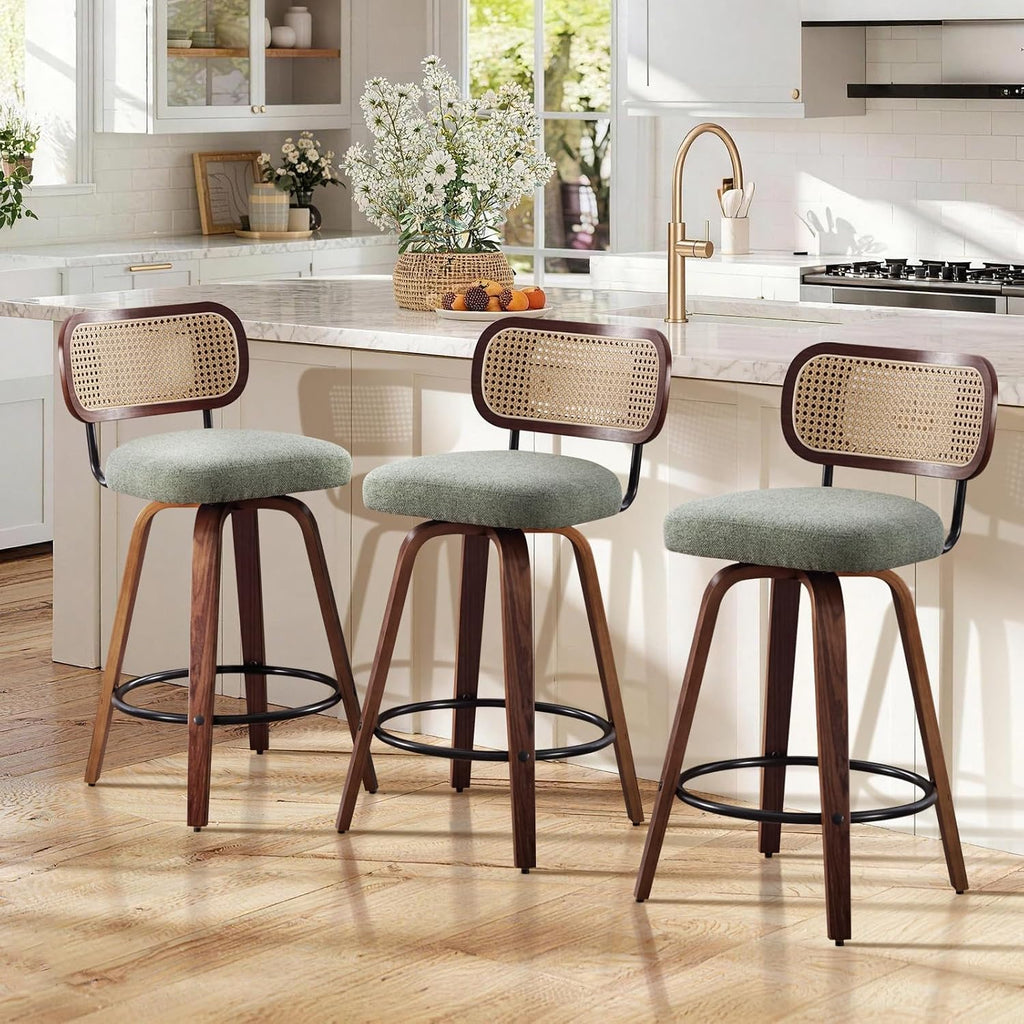 SoarFlash Modern Swivel Bar Stools Set of 3, 26" Counter Height Bar Stools with Walnut Wood Legs, Rattan-Back, PU Leather/Linen Seat, Metal Footrest for Kitchen Island