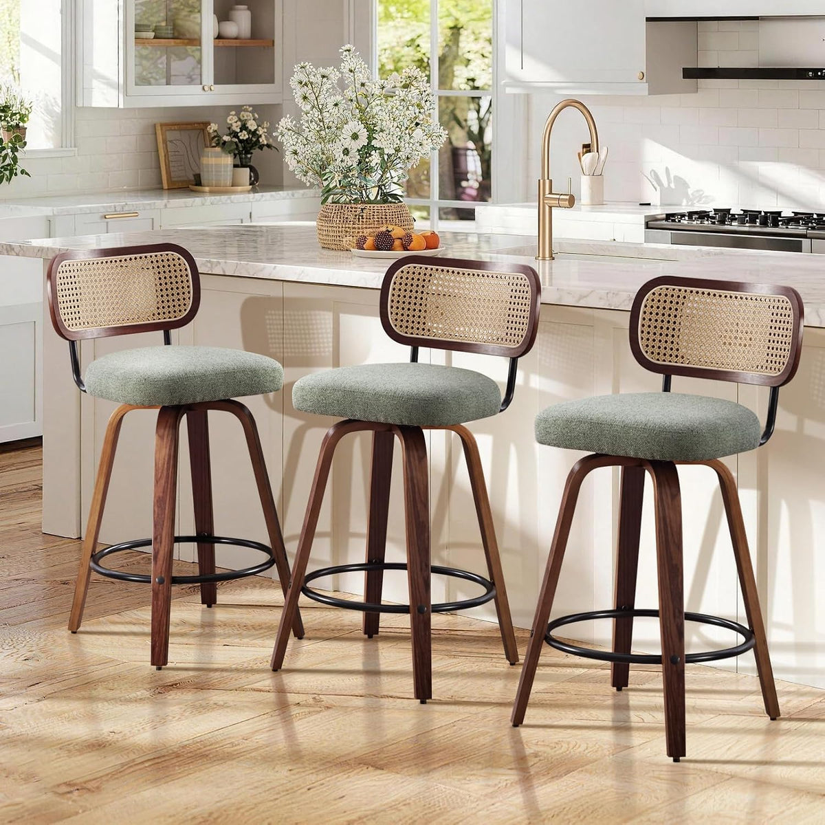 SoarFlash Modern Swivel Bar Stools Set of 3, 26" Counter Height Bar Stools with Walnut Wood Legs, Rattan-Back, PU Leather/Linen Seat, Metal Footrest for Kitchen Island