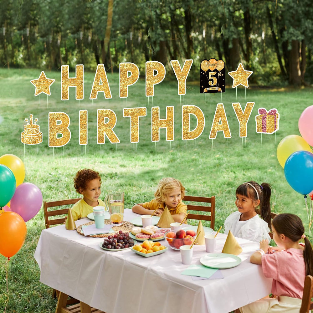 18 Pcs Happy Birthday Yard Sign with Stakes, Gold Happy Birthday Yard Sign wi...