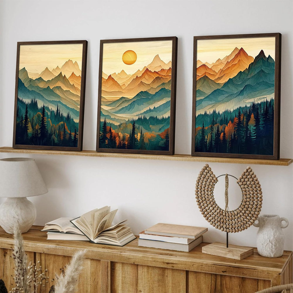 Mountain Wall Art Set of 3, Landscape Wall Decor, Teal Orange Forest Canvas P...