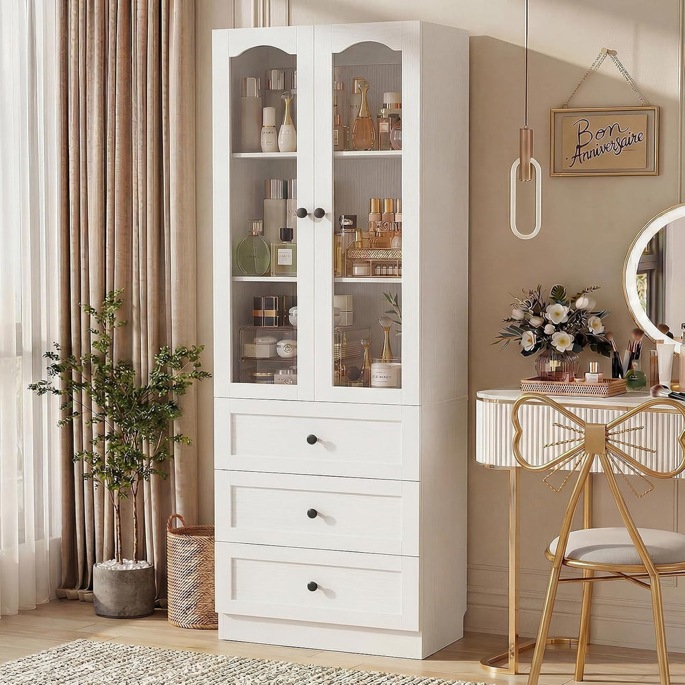 Cyclysio 2 Pack 80" Tall Bookcase with 3 Drawers & Glass Doors, White