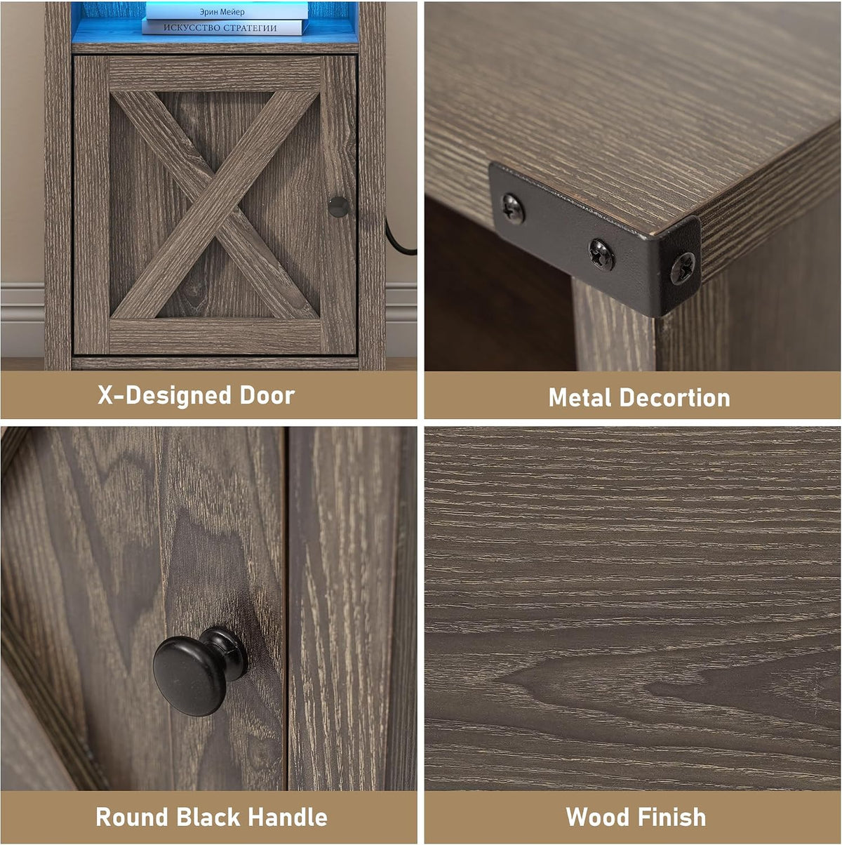 Hlivelood Farmhouse LED Nightstand Set of 2 with Charging Station, Rustic End Table with Barn Door & Storage Shelf, Bedside Table for Bedroom, Living Room, Grey