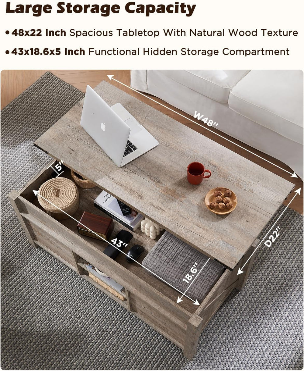 OKD 48" Farmhouse Lift Top Coffee Table Sliding Barn Door, Light Rustic Oak
