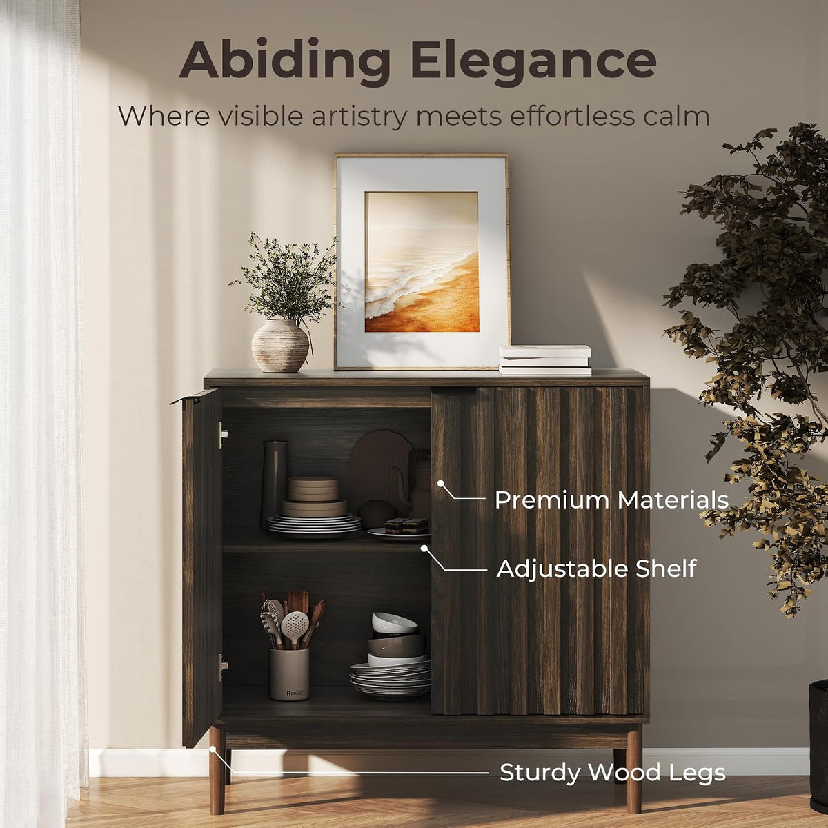 Fluted Buffet Cabinet with Storage, Small Accent Cabinet, Brown