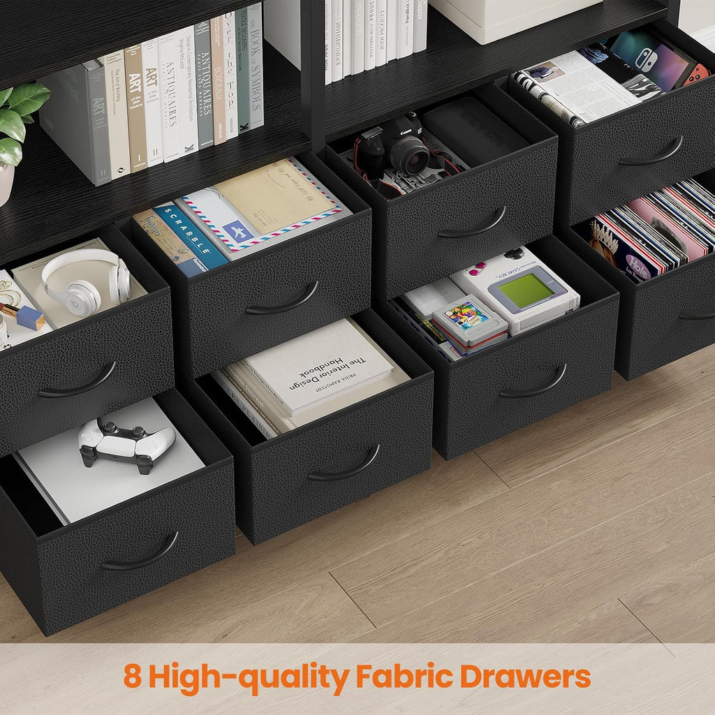 HAUOMS Bookshelf with 8 Fabric Drawers,Baffles Shelves, 7-Tier, Black