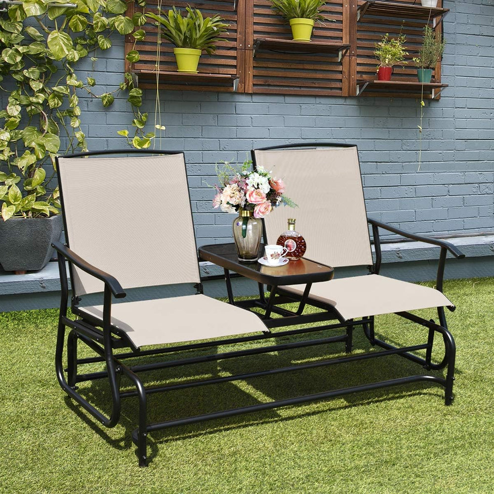 GIANTEX Patio Bench Glider Chair with Metal Frame, Center Tempered Glass Tabl...