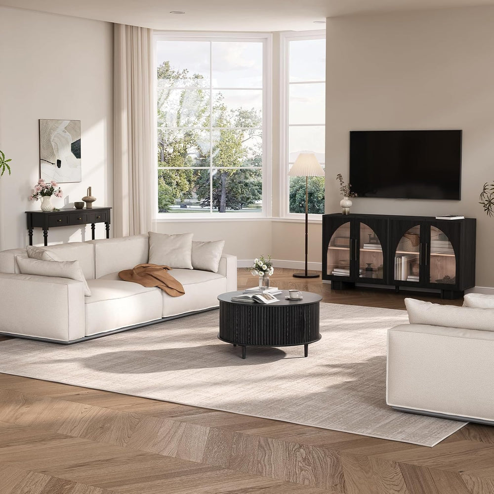 JOINICE 31.5" Round Coffee Table with Storage for Living Room, Black