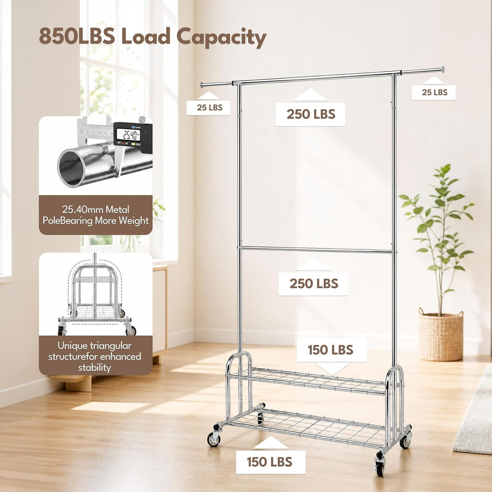 Clothes Rack, Heavy Duty Clothing Rack Load 850 LBS, Silver