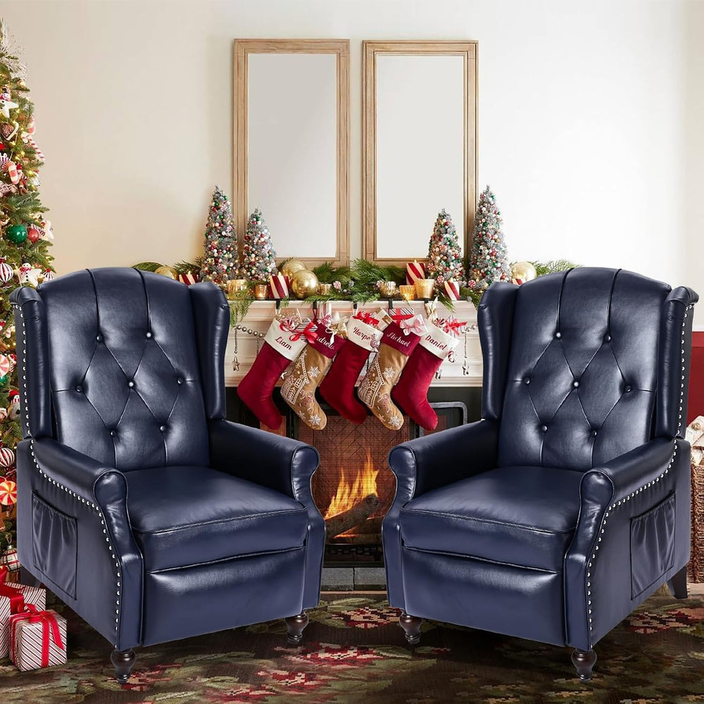 Wingback Chair, Push Back Recliner Armchair, Navy Blue, Pair