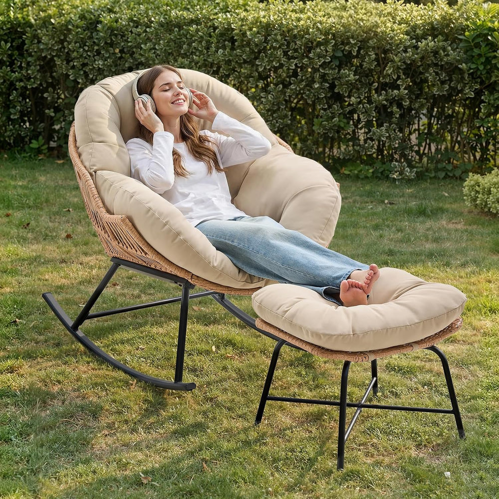 Papasan Rocking Chair with Ottoman, Oversized Papasan Chair, Beige
