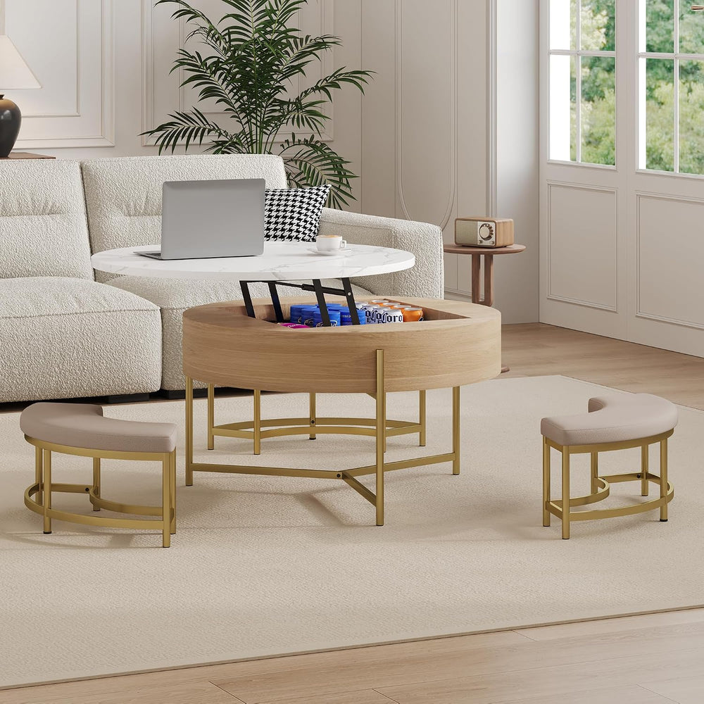 31.5" Modern Round Lift-Top Coffee Table with Storage & 3 Ottoman,Wh...