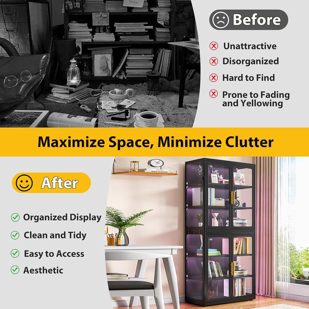 Display Cabinet with Glass Doors and Adjustable Shelves,67" Tall Bookcas...