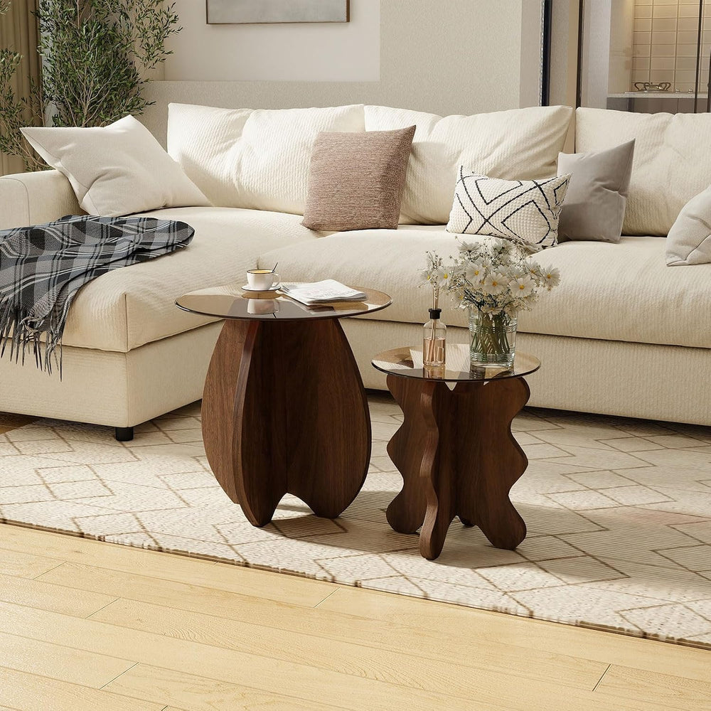 Shell-Shaped Coffee & Side Table with MDF Frame & Amber Tempered Glas...