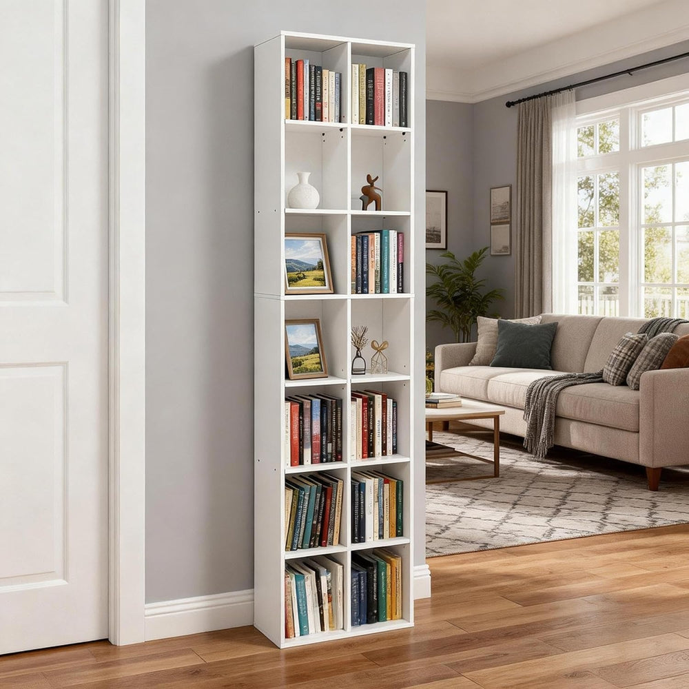 71" Tall Shallow Bookcase DVD Storage Shelf, 14 Cubes 7 Tier Narrow Wide...