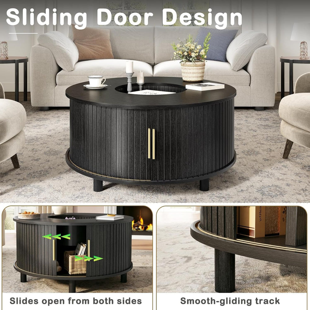 LVB Black Coffee Table Round, Wood Living Room Table with Storage for Home