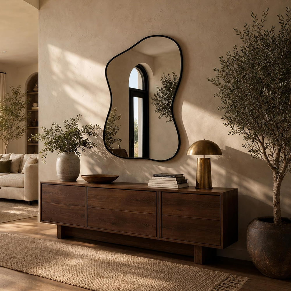 48''x30'' Irregular Wall Mirror with Black Frame, Asymmetrica...