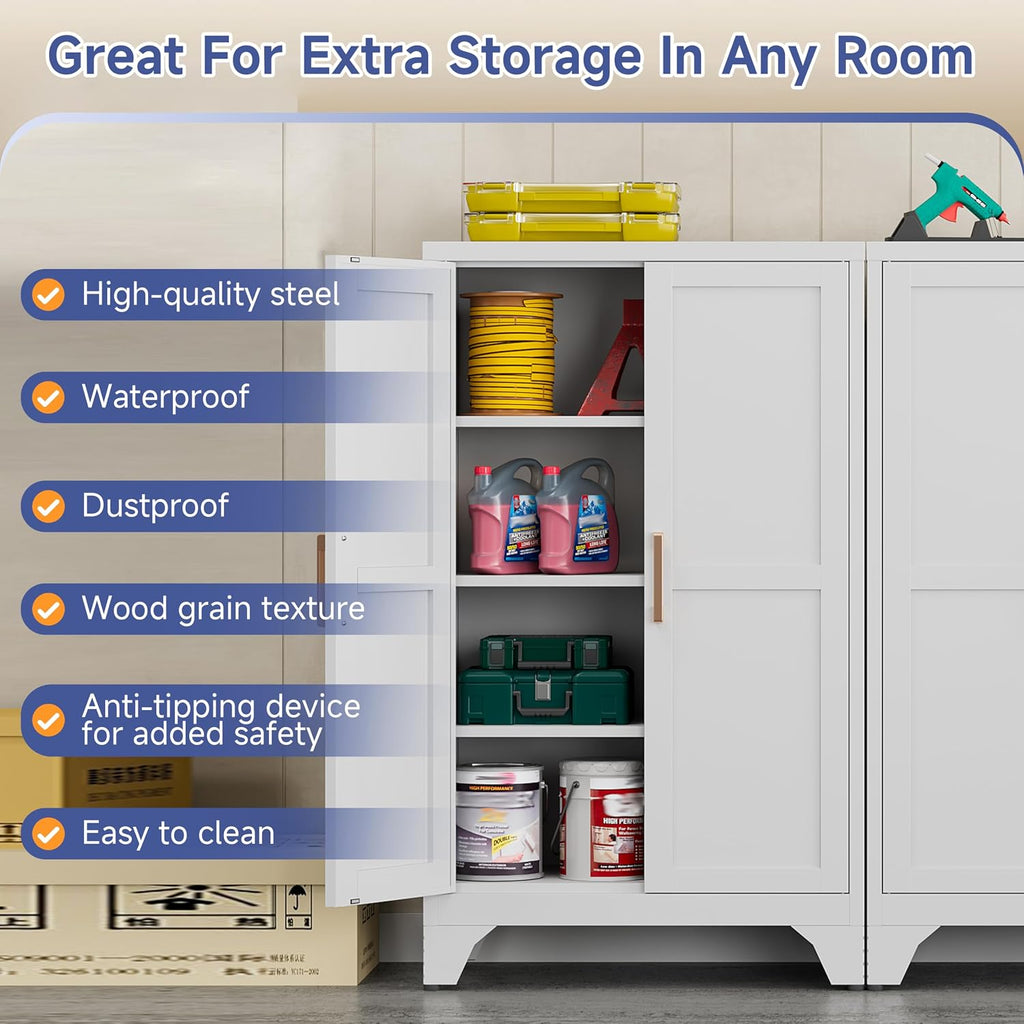 46.06" White Metal Storage Cabinet, 2 Door Adjustable Shelves Freestanding Pantry Cabinet (White, 11.81" D x 23.62" W x 46.06" H)