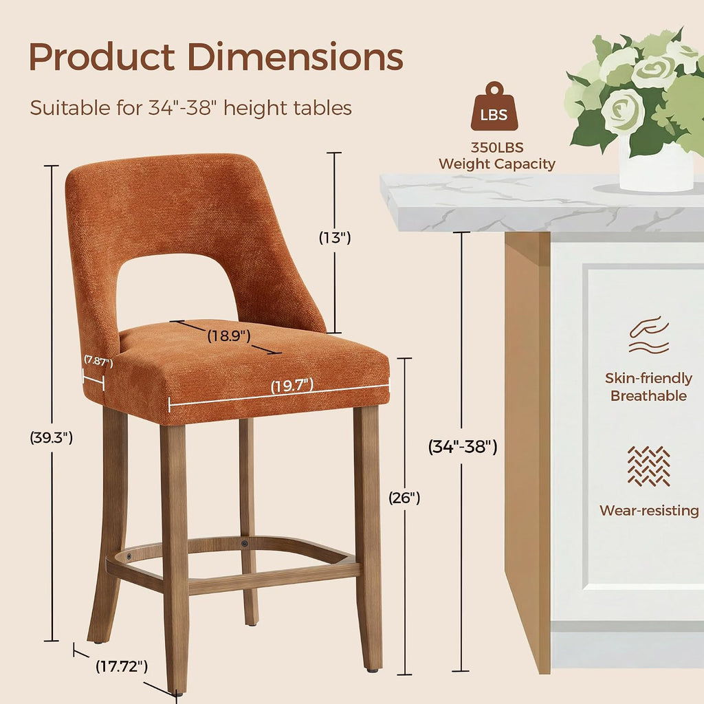 UVV Bar Stools Set of 2, Upholstered Counter Height Bar Stools, Modern Counter Stools with Wood Legs for Kitchen Island Dining Room Bar, Orange