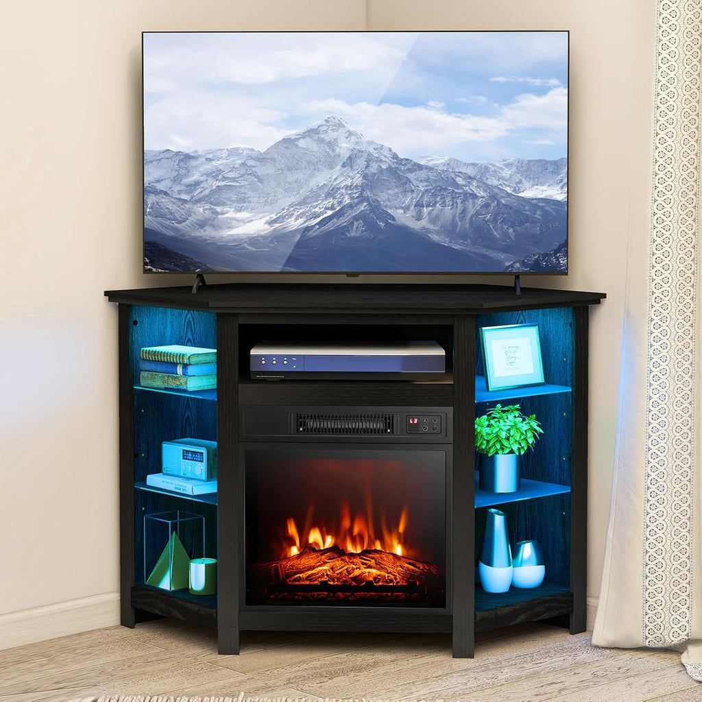 RELAX4LIFE Corner Fireplace TV Stand - Electric Fireplace Entertainment Center w/Heater Insert, LED Lights, APP Control & Adjustable Shelves, Media Console Cabinet for TVs up to 50’’ (Black)