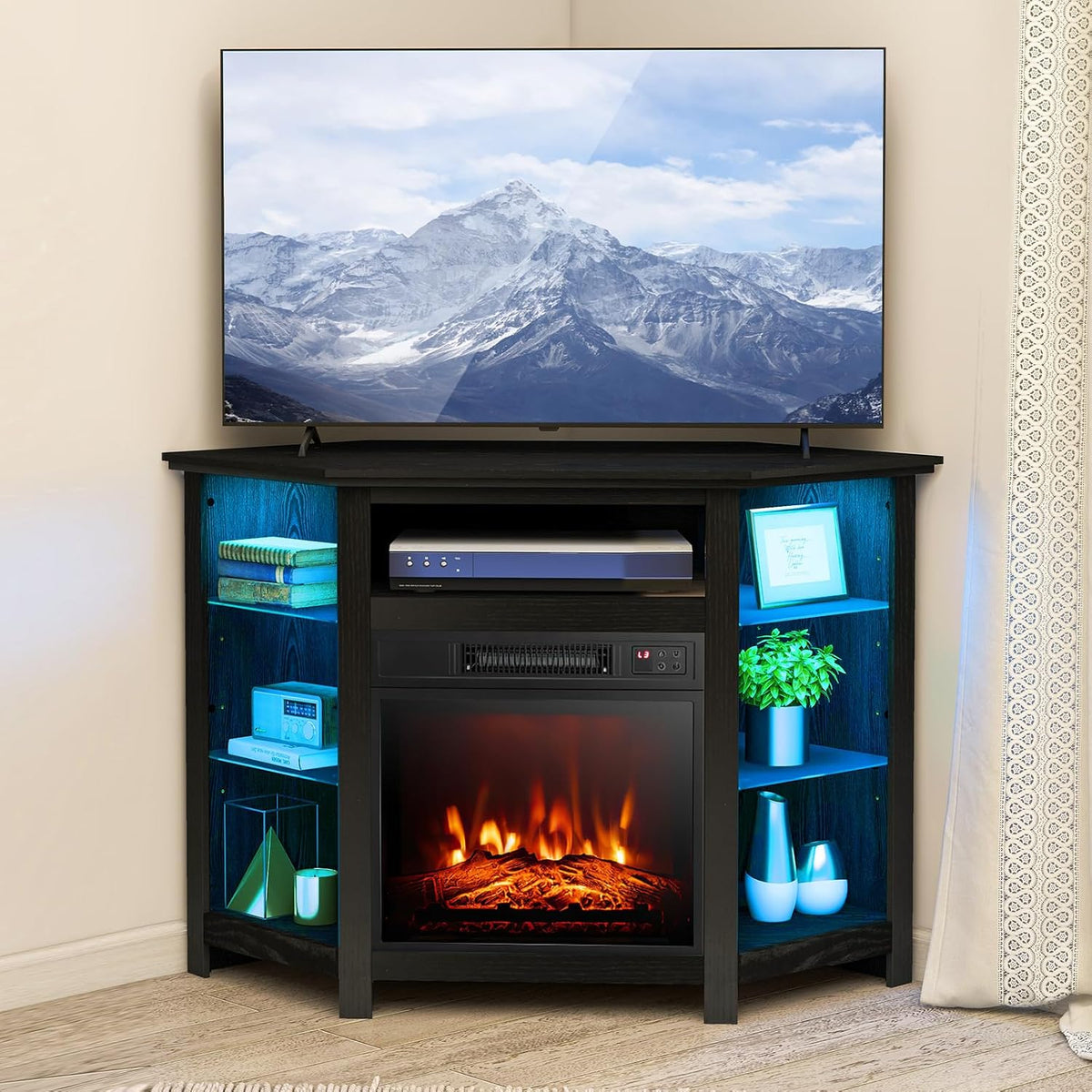 RELAX4LIFE Corner Fireplace TV Stand - Electric Fireplace Entertainment Center w/Heater Insert, LED Lights, APP Control & Adjustable Shelves, Media Console Cabinet for TVs up to 50’’ (Black)