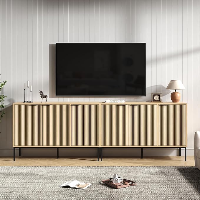 TV Stand for 100" TV, Mid Century Modern 94.4'' Television Stand, Entertainment Center with Storage and Adjustable Shelves, Media Console TV Cabinet for Living Room