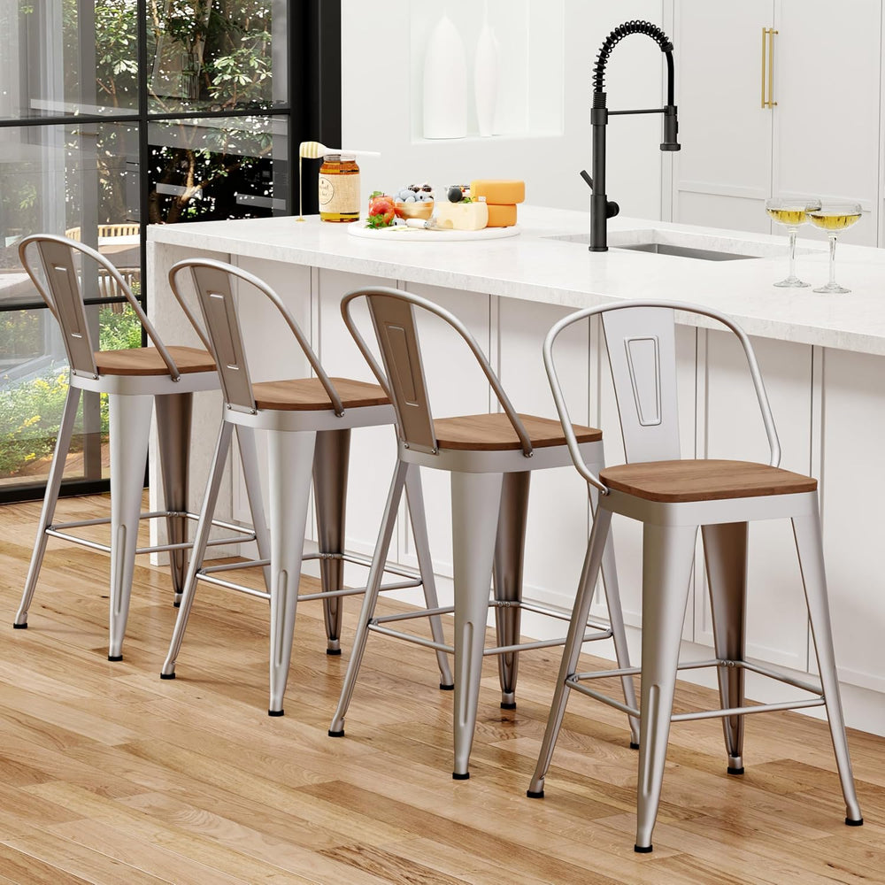 Bar Stools Set of 4, 30" Metal Bar Height Stools with Back Silver