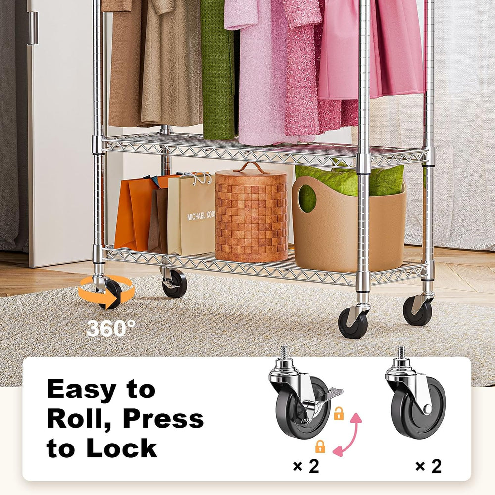 M MZG Heavy Duty Rolling Garment Rack 3 Tiers Adjustable Wire Shelving Clothe...