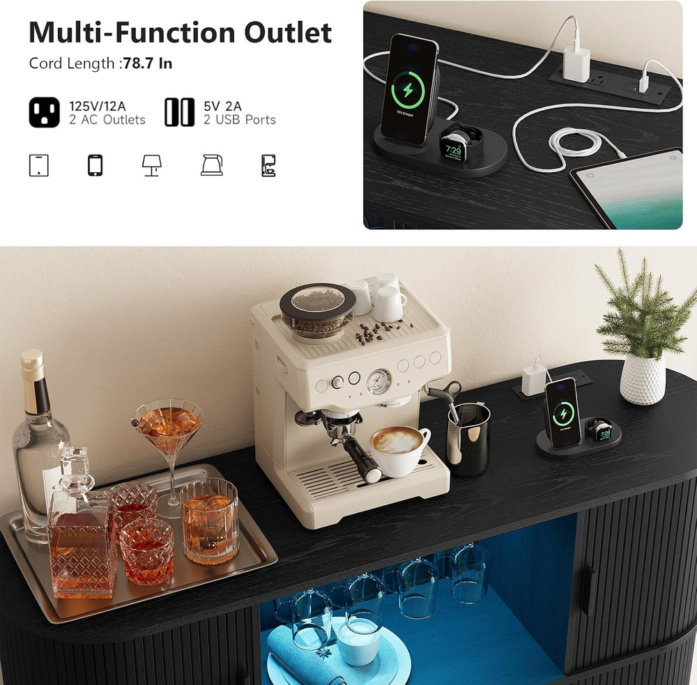 ONBRILL 55" Fluted Wine Bar Cabinet with Power Outlet Black