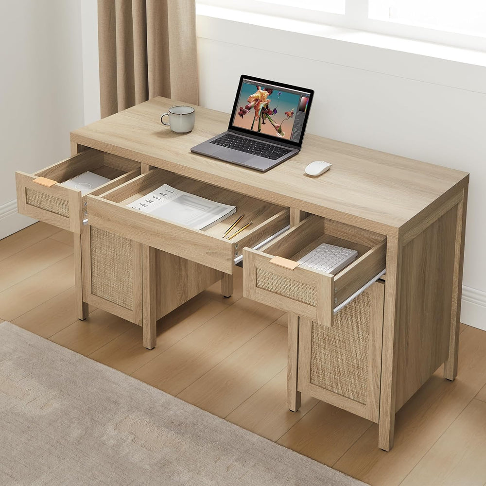 SICOTAS Rattan Home Office Desk with Storage, 52" Boho Executive Desk