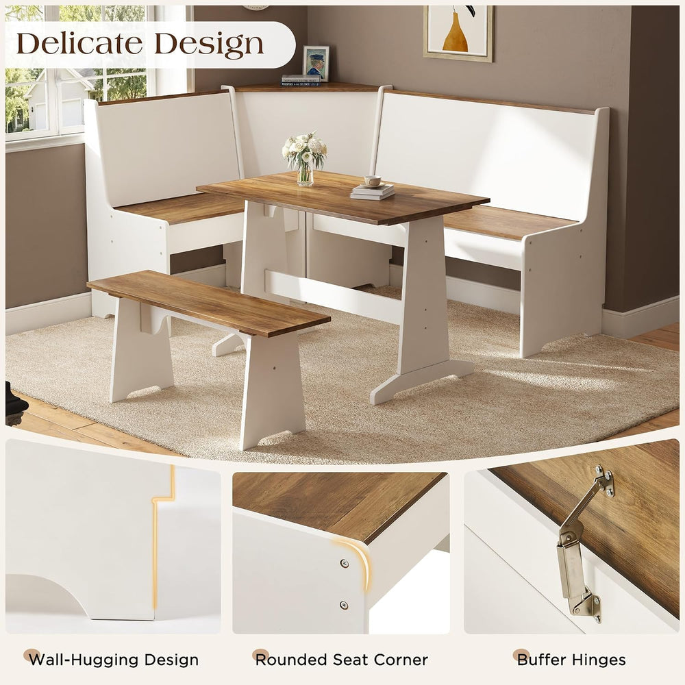 LUXOAK 3-Piece Corner Dining Set with Hidden Storage, White & Barnwood