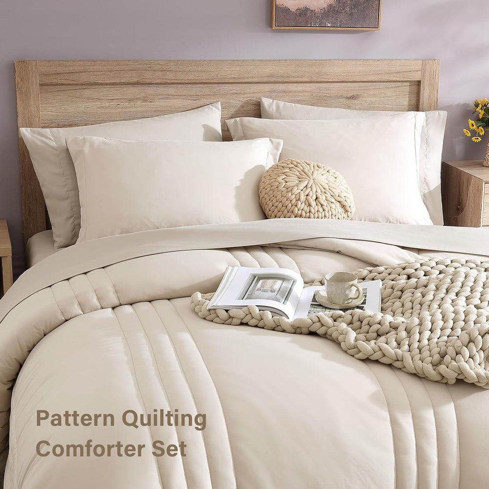 Full Size Comforter Sets-7 Pieces Beige Soft Bed in a Bag Full Bedding Sets