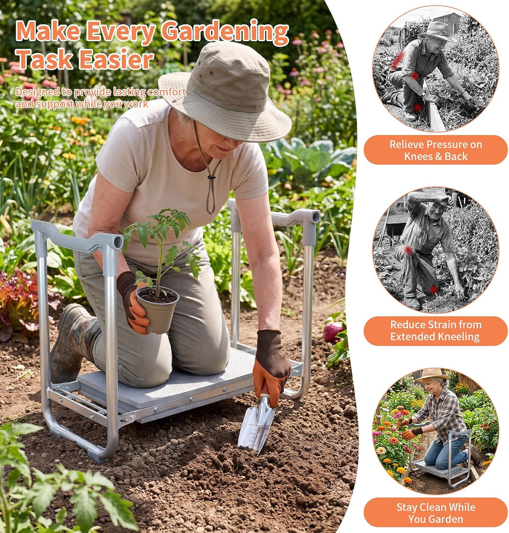 Foldable Garden Kneeler Seat, Portable Garden Stool Bench w/ 2 Tool Pouches