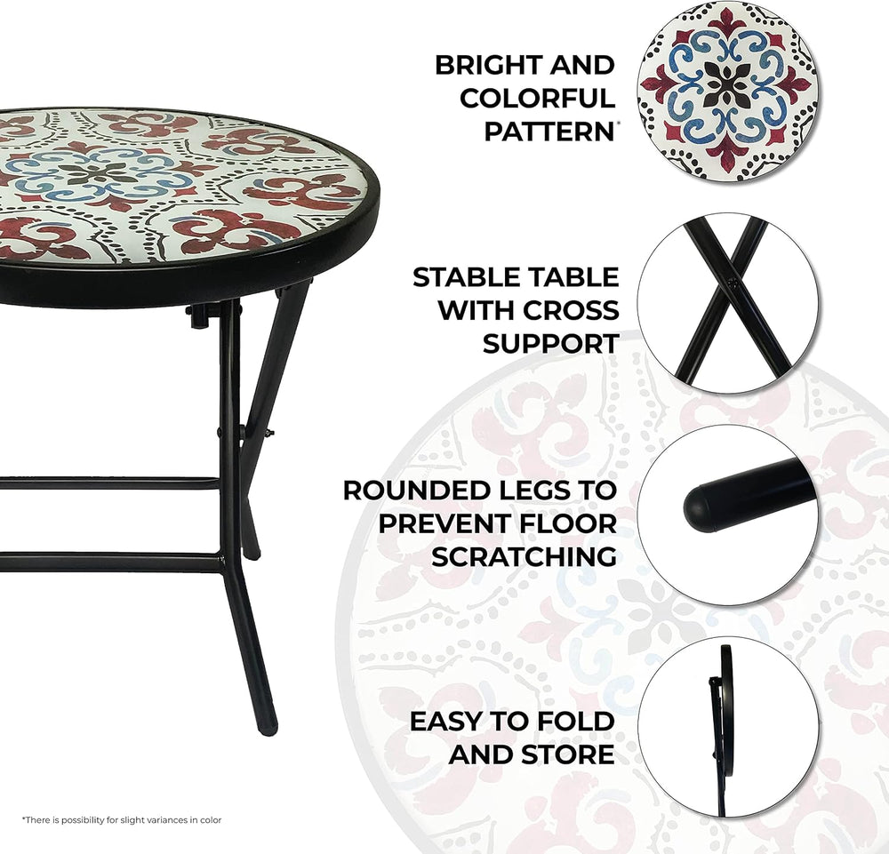 Backyard Expressions Folding Glass Patio Side Table-Mosaic Pattern-18 Inch