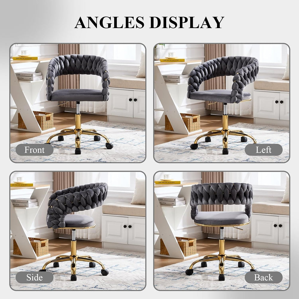 NIOIIKIT Woven Home Office Chair, Velvet Swivel Desk Vanity Chair, Grey