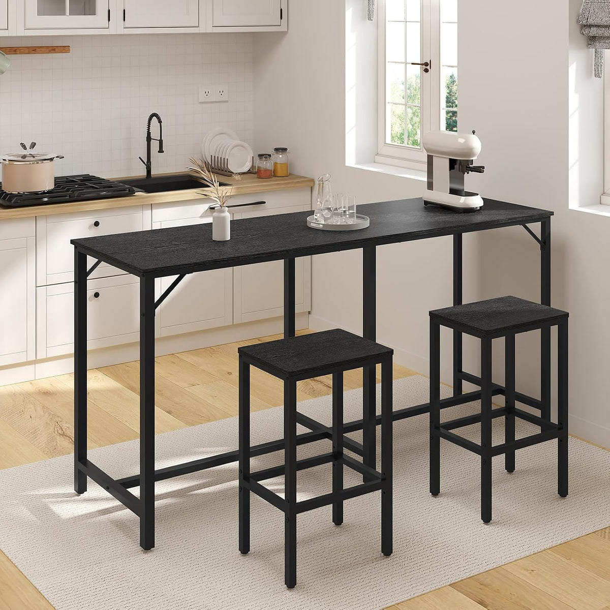 YATINEY 70.9" Bar Table and Chairs Set, Dining Table and Chair Sets, 3 Piece Counter Height Table and 2 Stools, Kitchen Table for Home Restaurant, Bar, Black BT09BB
