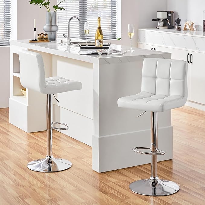 Yaheetech Single Bar Stool, PU Leather Adjustable Swivel Barstools, Armless Hydraulic Kitchen Counter Bar Stool, Kitchen Island Chairs, White