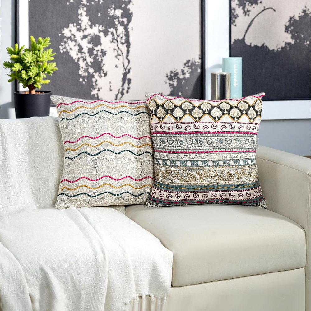 Ridhi Grey Hand Block Print Throw Pillow Cover 18x18 Inch Set of 2