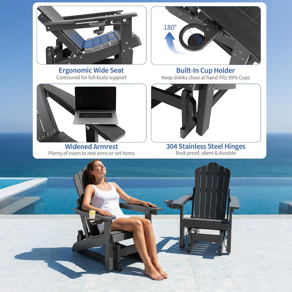 HDPE Adirondack Glider Chair,3-Position Adjustable Backrest Patio Glider