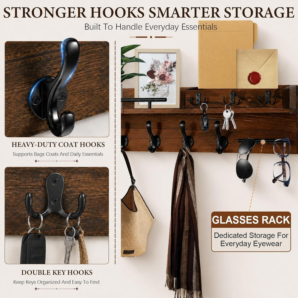 Wall Mount Wooden Coat Rack with Shelf, Entryway Key Hook Rack for Hallway