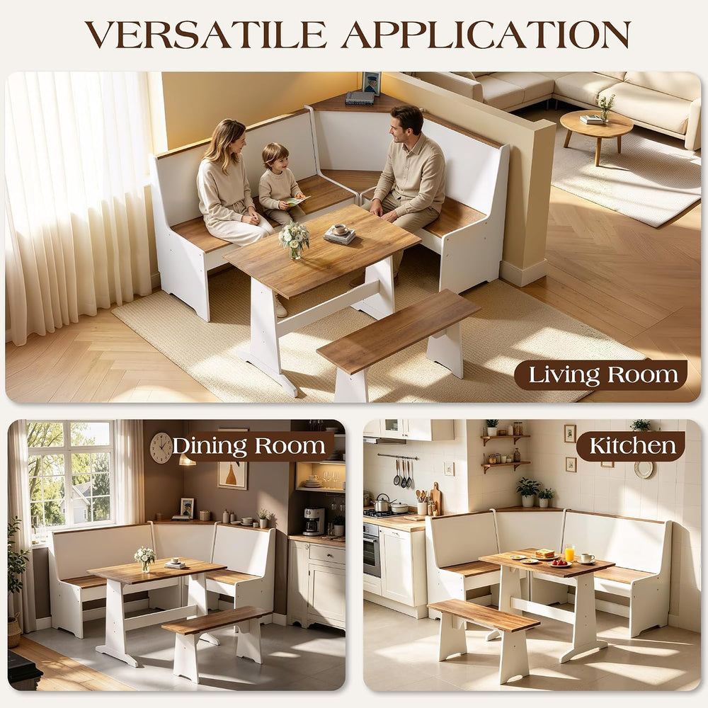 LUXOAK 3-Piece Corner Dining Set with Hidden Storage, White & Barnwood