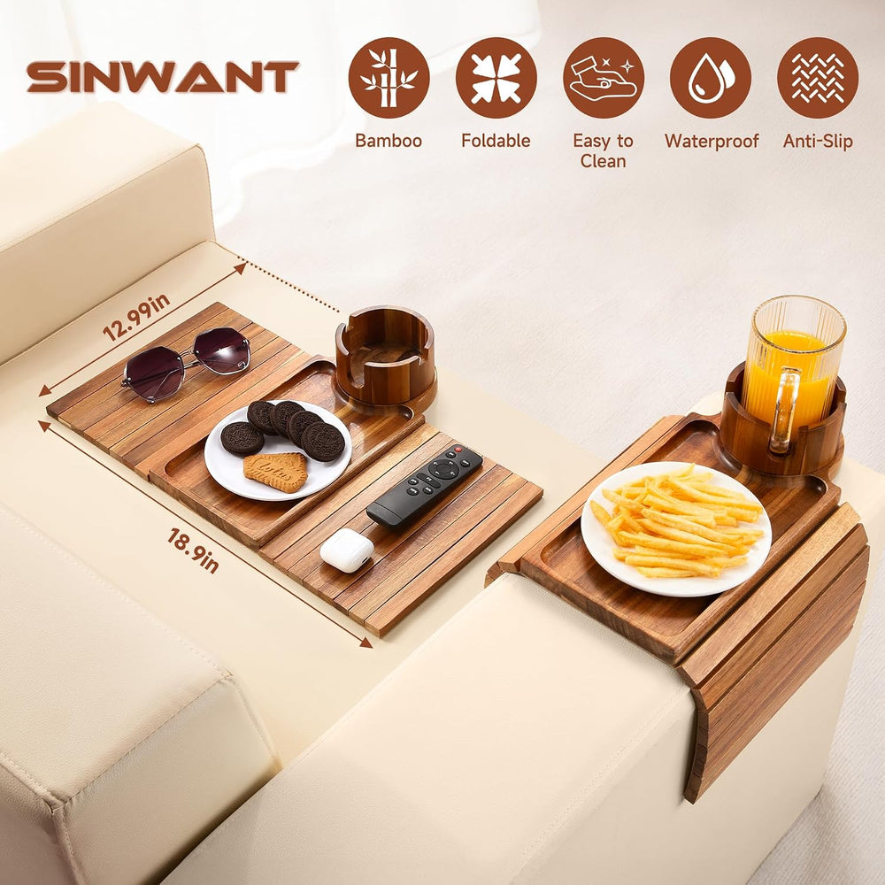SINWANT Couch Cup Holder Tray,Fit Sofa Armrests 6.3" and Wider,Acacia