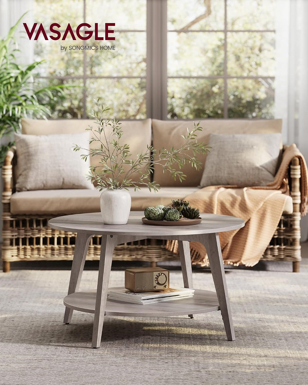 VASAGLE Round Coffee Table, 2-Tier Center Table with Storage, Tapered Legs