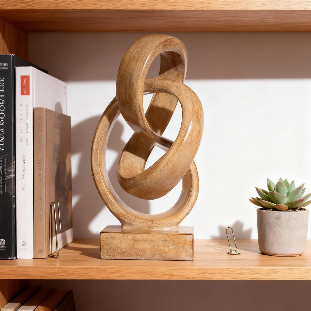 Abstract wood-toned knot sculpture, geometric decorative statue, wood-toned a...